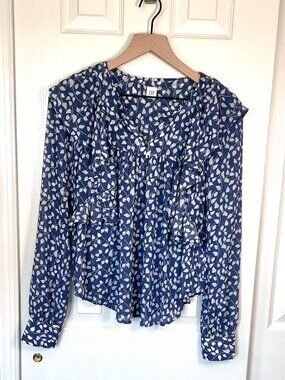 Gap Leaf Print Ruffle Blouse Curved Hem Blue Size Small